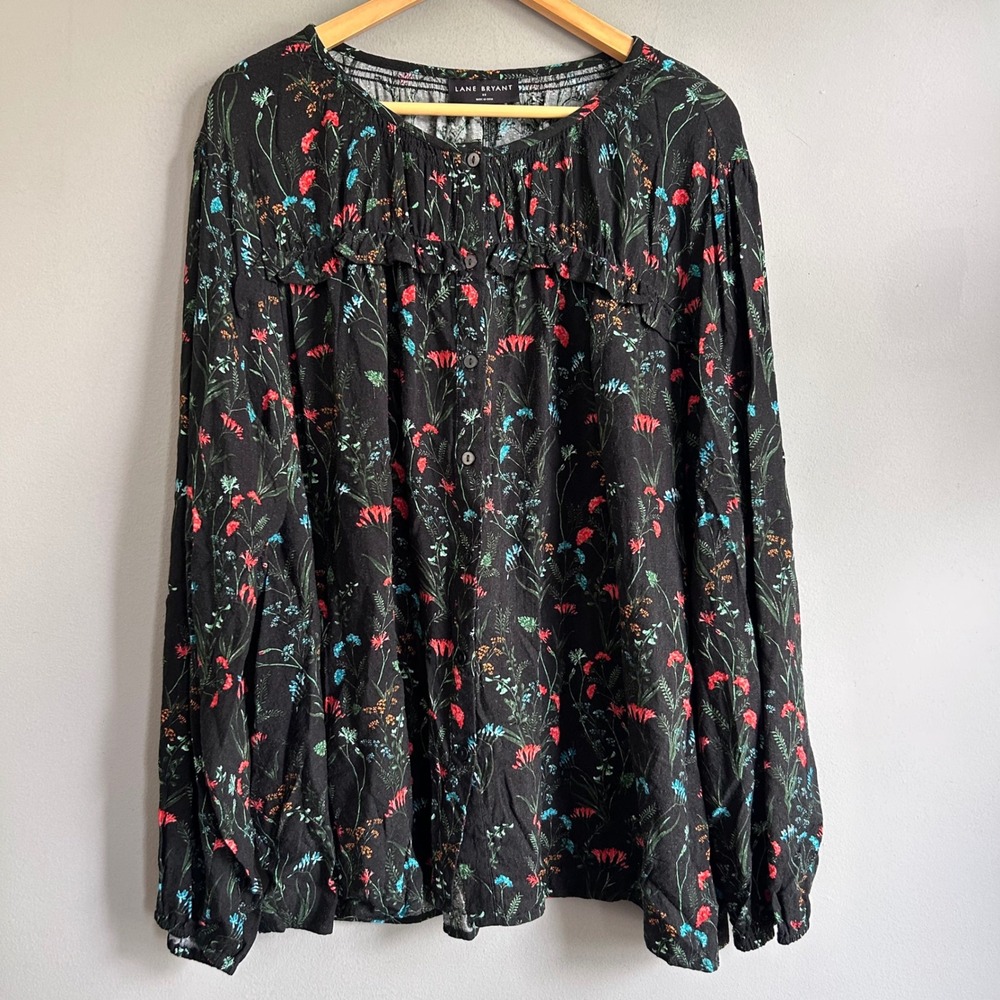 Lane Bryant Black Floral Wildflower Viscose Blouse Plus Size 22 Long Sleeve Top